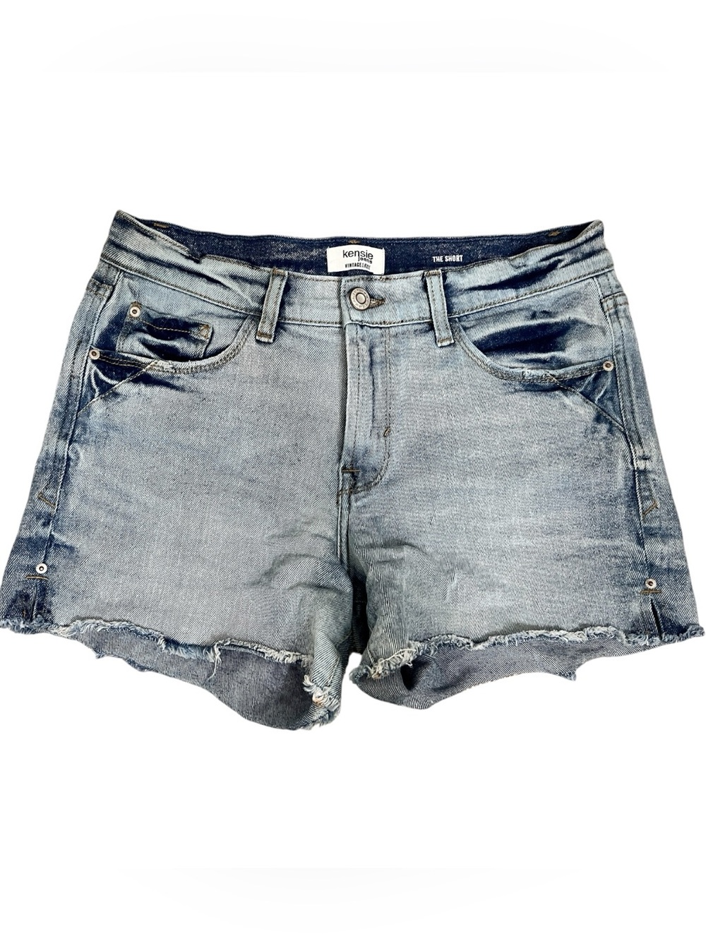 Kensie Light Wash Denim Cutoff Shorts with embroidered flowers on back pocket - Picture 2 of 4